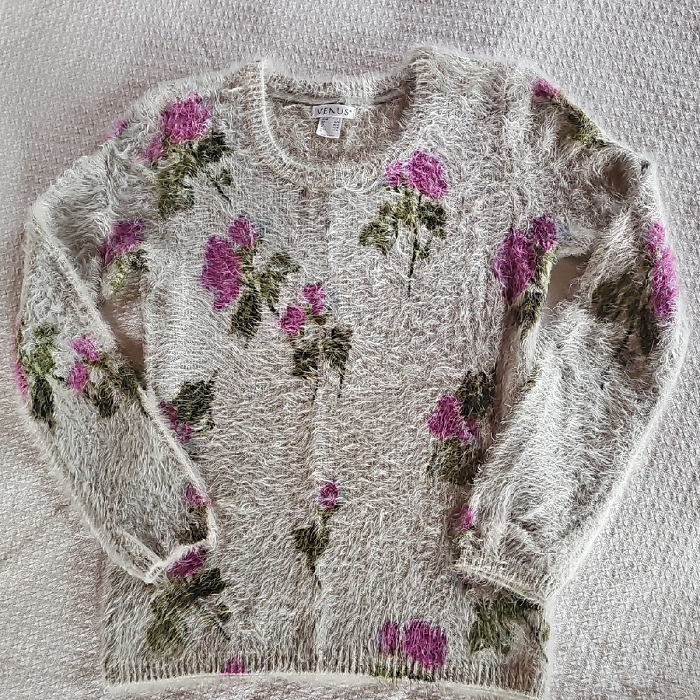 VENUS Cream Fuzzy Crewneck Sweater with Pink Floral Design